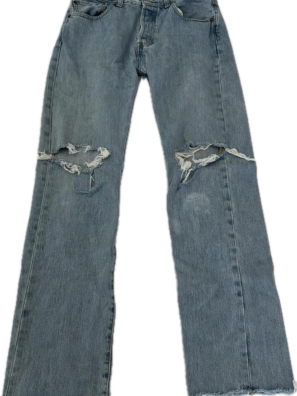 Levi's 501 blue jeans with distressed knees
